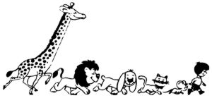 Giraffe, Löwe, Hund, Katze und Maus laufen einem Jungen hinterher.