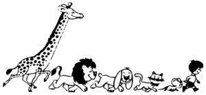 Giraffe, Löwe, Hund, Katze und Maus laufen einem Jungen hinterher.